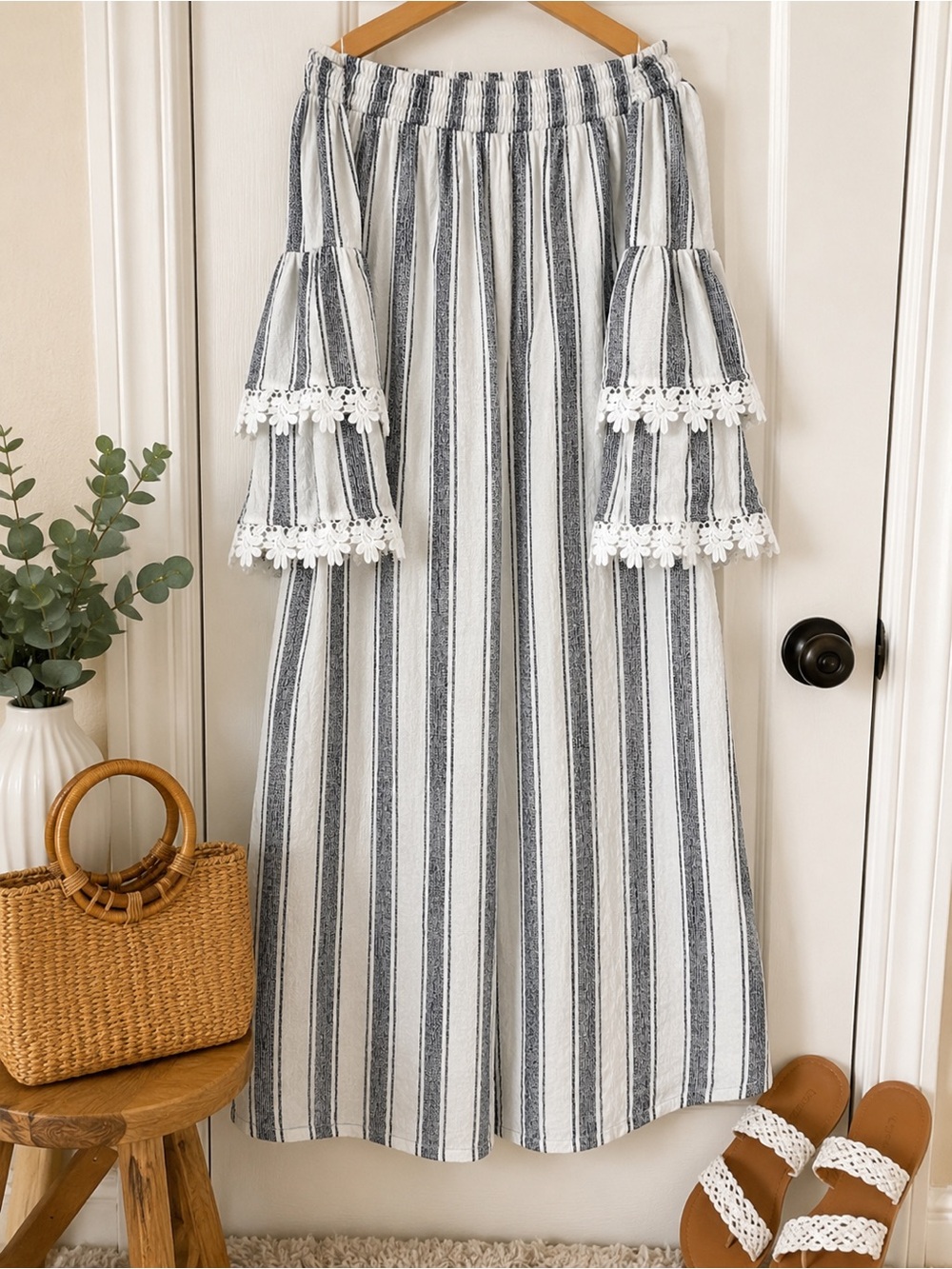 Altar'd State Navy and White Striped Smocked Dress Boho Small off shoulder